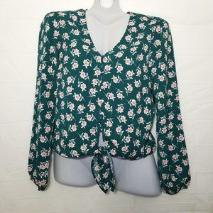 Ash & Violet Women S Green Floral Long Sleeve Button Up Tie Crop Blouse Top